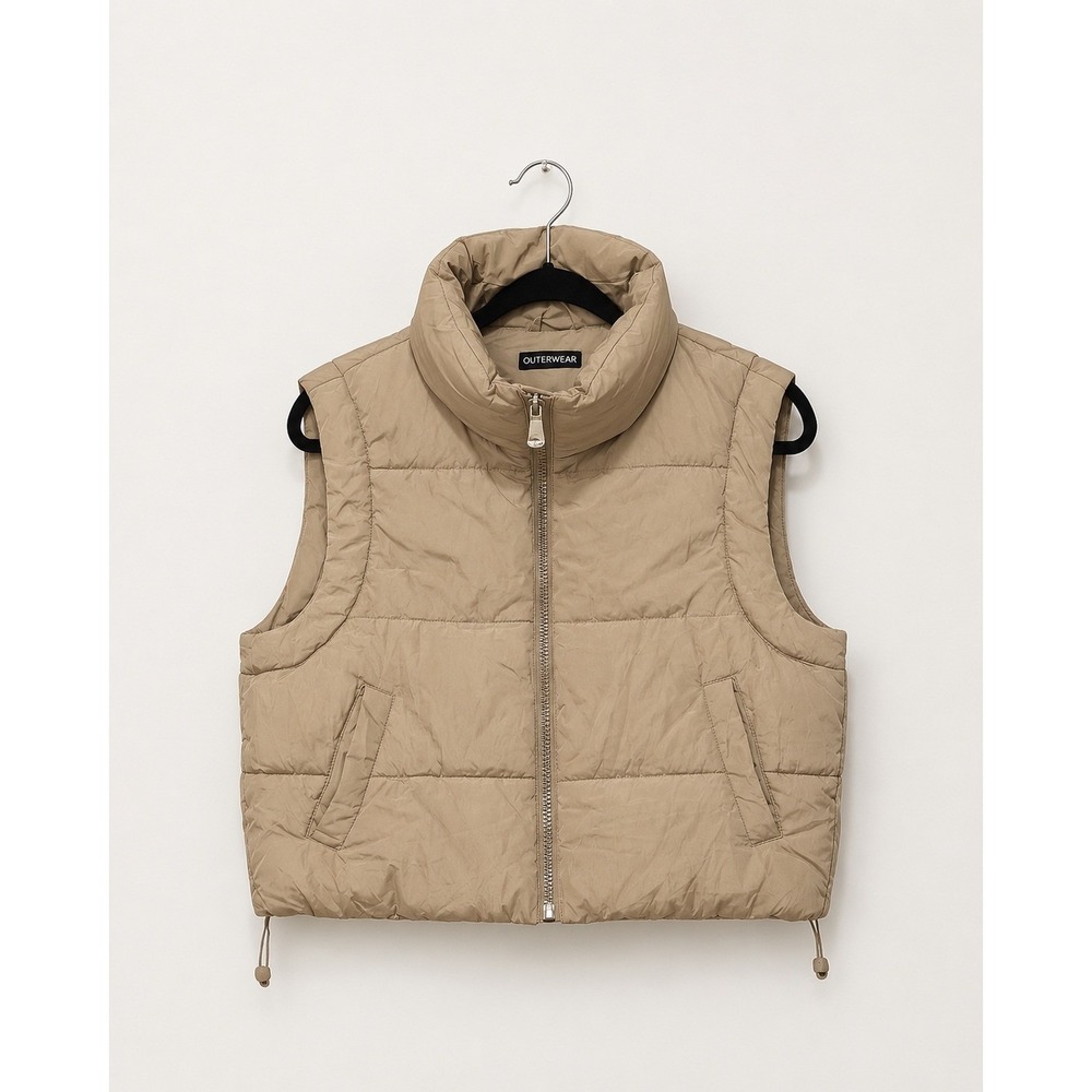 Outerwear Tan Puffer Vest Full Zip Quilted Sleeveless Jacket Khaki Women Small